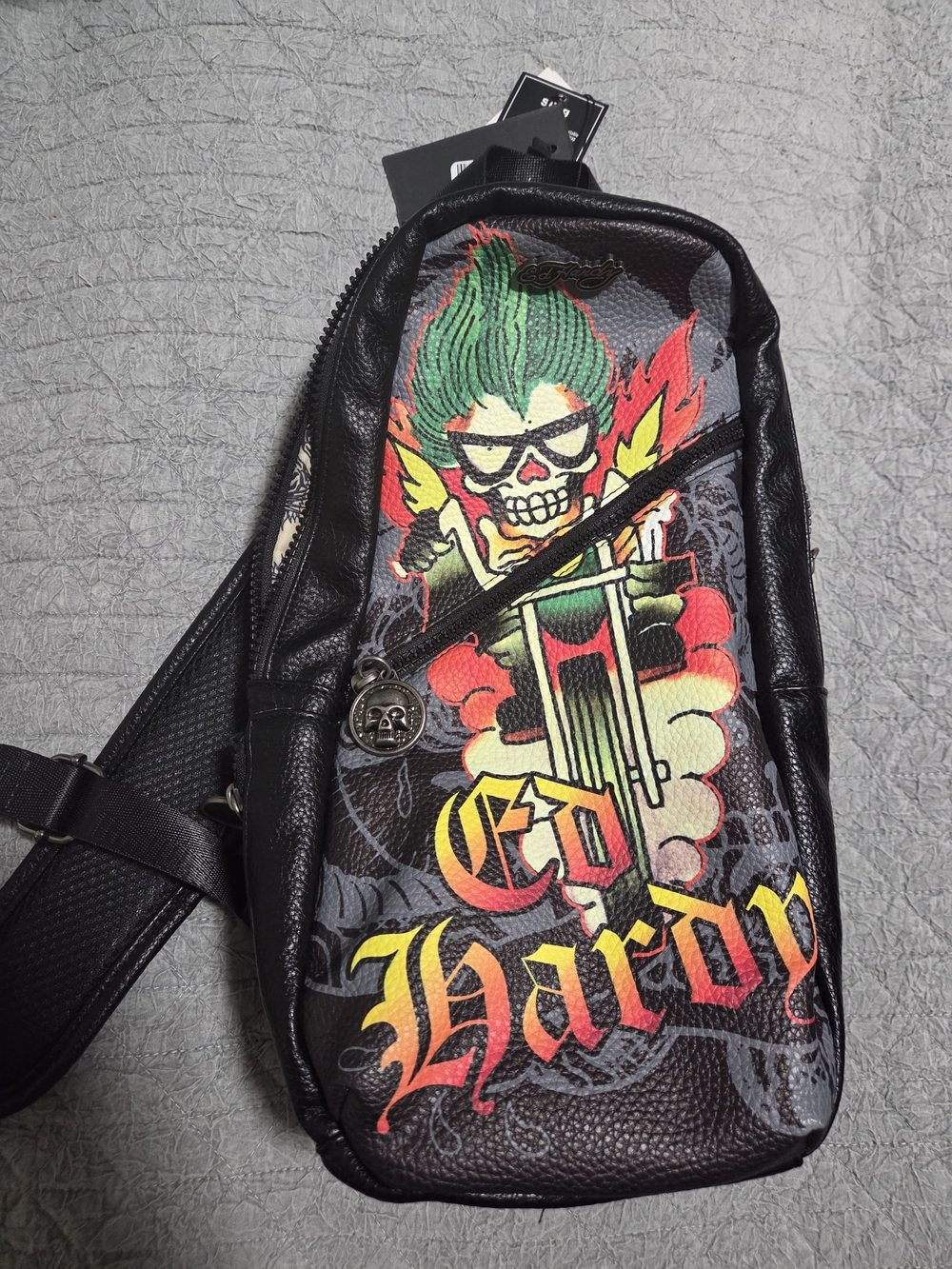 Ed Hardy Black Sling Belt Bag with Multicolor Skull Rider Graphic